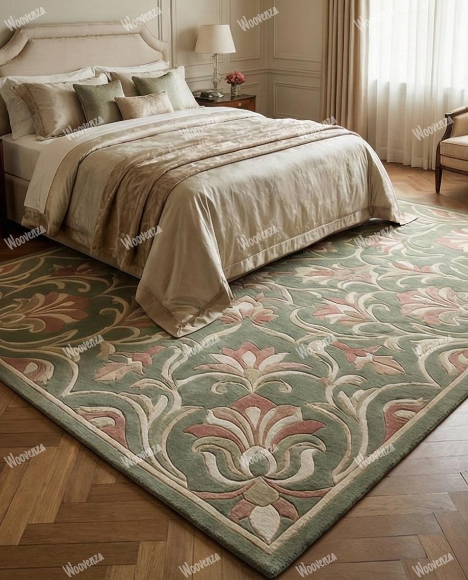 Sage Green Floral Wool Rug, Boho Traditional Hand Tufted Living Room ...