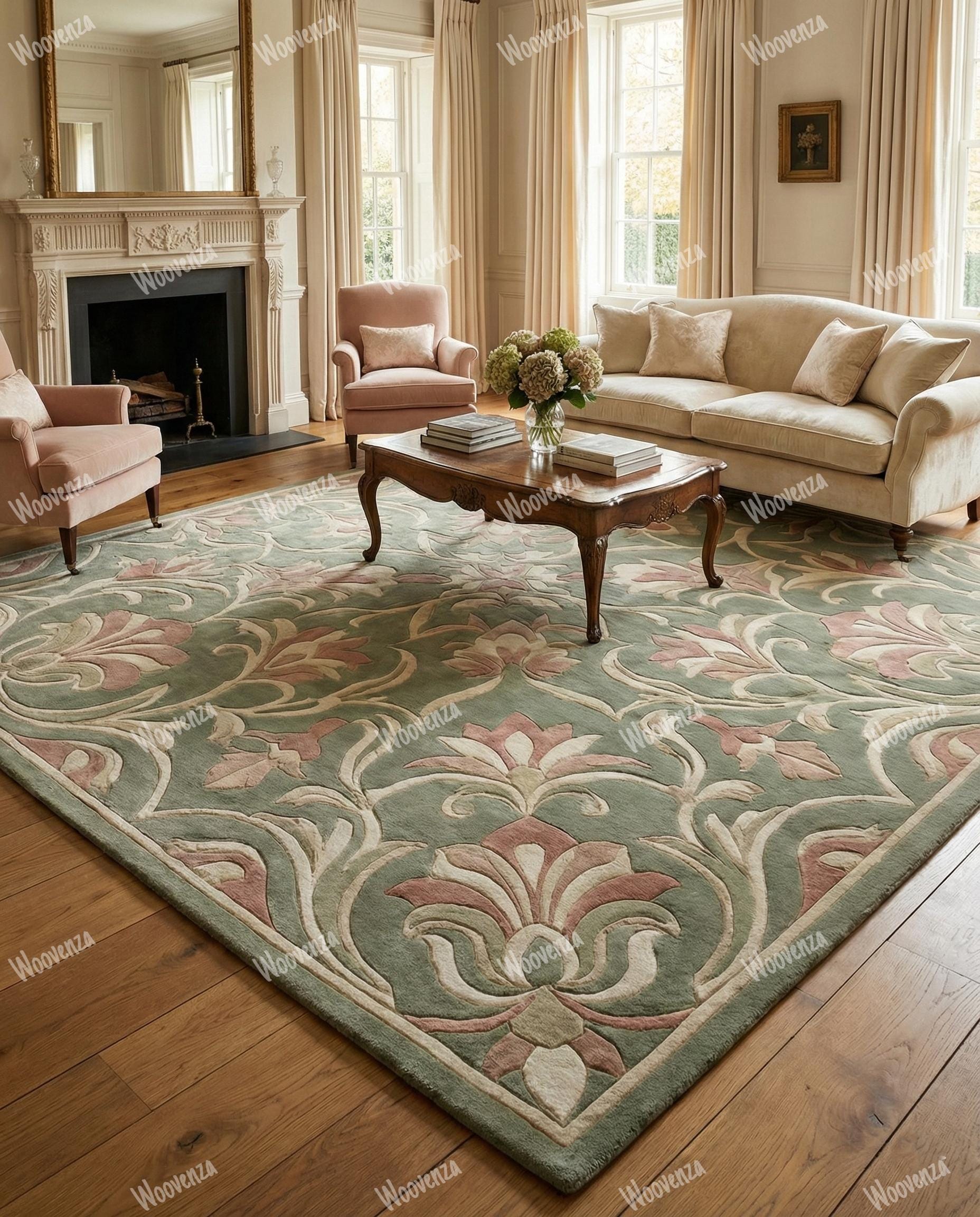 Sage Green Floral Wool Rug, Boho Traditional Hand Tufted Living Room ...