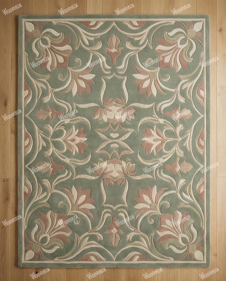 Sage Green Floral Wool Rug, Boho Traditional Hand Tufted Living Room ...