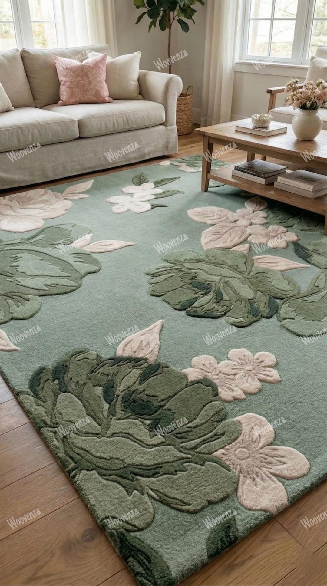 Handmade Modern Wool Rug – Sage Green Floral Botanical Area Carpet - Etsy
