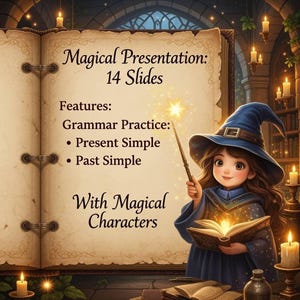 Könnte beinhalten: Eine Illustration einer jungen Hexe, die einen Zauberstab und ein offenes Buch hält. Das Bild zeigt einen großen, offenen Buch mit dem Text "Magical Presentation: 14 Slides" und "With Magical Characters". Die Präsentation konzentriert sich auf Grammatikübungen.