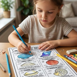 May include: A printed educational worksheet titled My Seashell Collection featuring black and white line drawings of various seashells including scallop, conch, limpet, cockle, cowrie, nautilus, and abalone shells with descriptive text for each.
