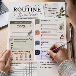 May include: A white paper routine builder planner sheet with sections for daily intention, top priorities, energy check-in, habit tracker, and time-blocked tasks for morning, afternoon, evening, and night. The page features soft pastel accents, botanical illustrations, and text including Routine Builder, Plan it. Do it. Become it., and a reflection section.