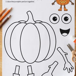 以下が含まれることがあります： 「Pumpkin Person Craft」と題された白い紙には、大きなカボチャ、目、口、枝のような腕、ブーツの黒い線画が描かれています。テキストには、カボチャのキャラクターのパーツに色を塗り、切り抜いて貼り合わせるための手順が記載されています。