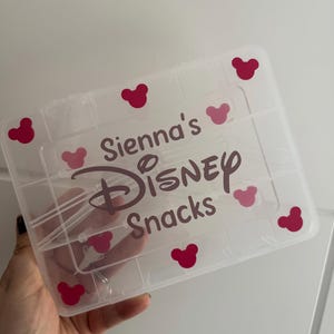 May include: A clear plastic snack box with a lid, featuring the text "Sienna's Disney Snacks" in a dark pink script. The box is decorated with dark and light pink Mickey Mouse head shapes.