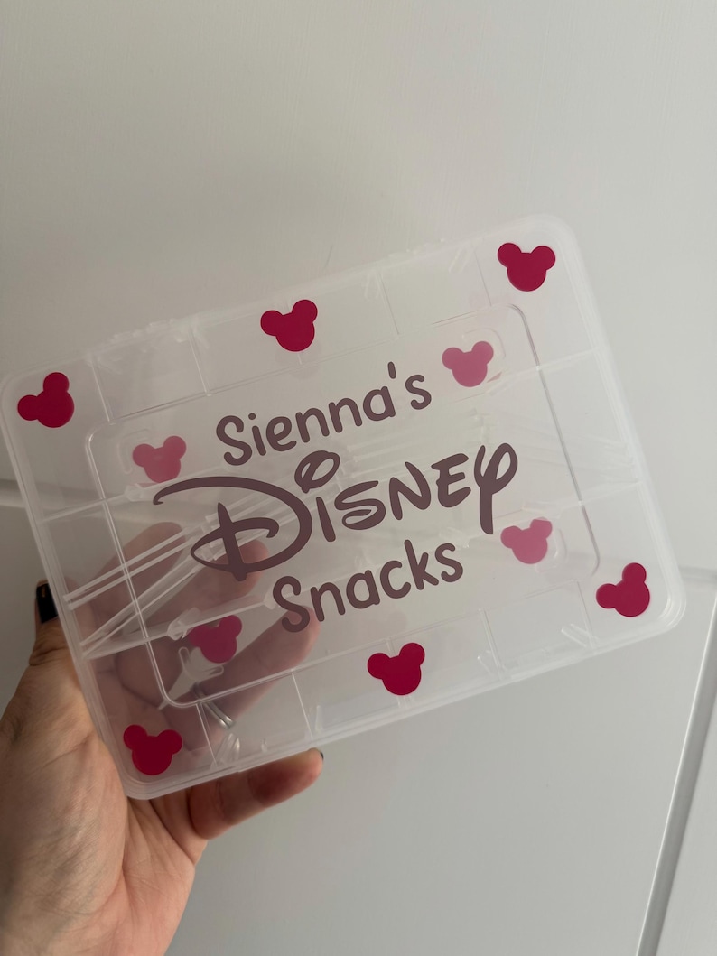May include: A clear plastic snack box with a lid, featuring the text "Sienna's Disney Snacks" in a dark pink script. The box is decorated with dark and light pink Mickey Mouse head shapes.