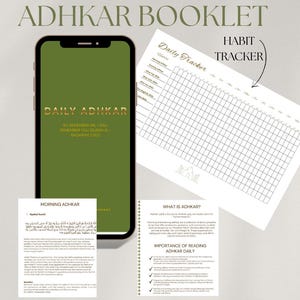 May include: An "Adhkar Booklet" with a digital display showing "Daily Adhkar" text. A "Habit Tracker" and informational pages are also visible. The booklet is designed by the "Ihsaan Journal Company".