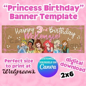 PRINTABLE 2x6 Princess birthday banner template - Digital editable canva download