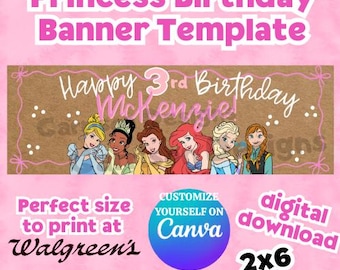PRINTABLE 2x6 Princess birthday banner template - Digital editable canva download