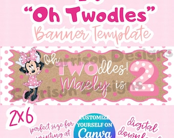 PRINTABLE 2x6 Minnie Mouse Oh TWOdles Birthday Banner template - Digital Download Editable on Canva
