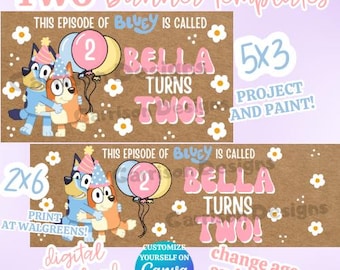 Modelli di striscioni di compleanno Bluey 2x6 stampabili e 3x5 verniciabili - Download digitale modificabile su Canva