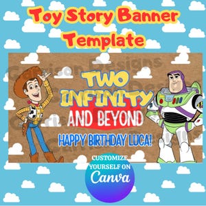 Könnte beinhalten: Digitales Banner-Template mit Woody und Buzz Lightyear aus Toy Story. Das Banner enthält den Text "Toy Story Banner Template", "Two Infinity and Beyond" und "Happy Birthday Luca!" mit blauem Himmel und Wolken im Hintergrund.