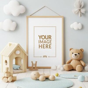 May include: A light wood-framed picture frame with the text "YOUR IMAGE HERE" hangs on a light blue wall. The room is decorated with plush clouds, a teddy bear, and wooden toys, creating a nursery theme.
