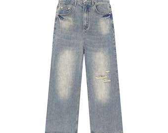 Distressed denim jeans met vintage wassing – Unisex streetwear gescheurde jeansbroek