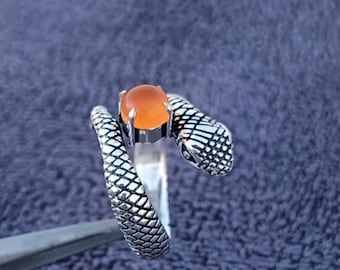 Handmade Silver Plated Carnelian Snake Ring, Adjustable Boho Jewelry