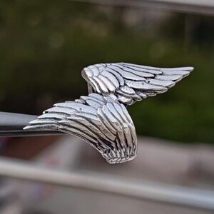 May include: A detailed, silver-colored wing-shaped sculpture. The sculpture features intricate feather detailing and is likely made of metal. The wings are positioned as if in flight, with a blurred green background.