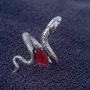 Może przedstawiać: Srebrny pierścionek w kształcie węża z czerwoną, łezkowatą kamieniem szlachetnym. Ciało węża jest szczegółowo zdobione wzorami, a kamień szlachetny jest osadzony w środku pierścionka. Pierścionek jest prezentowany na ciemnoniebieskiej, teksturowanej powierzchni.