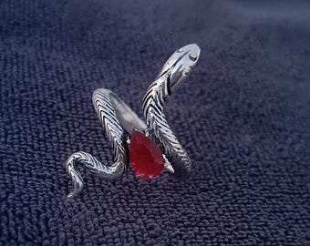 Ruby Snake Ring, Silver Plated Brass, Adjustable Boho Animal Ring