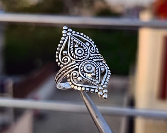 Silver Sarda Filigree  Wide Ring ,Oxidized mandala shield ,handmade ring