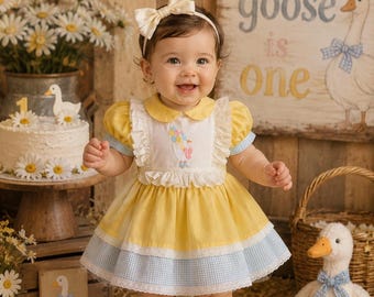 Handgemachte Silly Goose Babykleid | Vintage inspiriertes Kleinkind-Geburtstags-Outfit