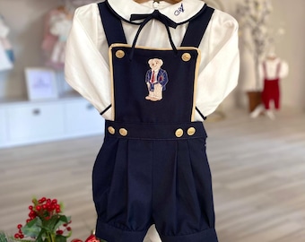 Personalisierter dunkelblauer Baby-Strampler - Teddybär-Stickerei zum ersten Geburtstag