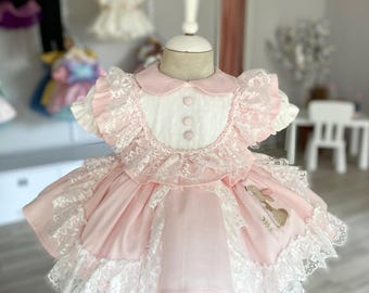 Easter Bunny Baby Girl Dress, Lace Pink Outfit, Spring Birthday Heirloom