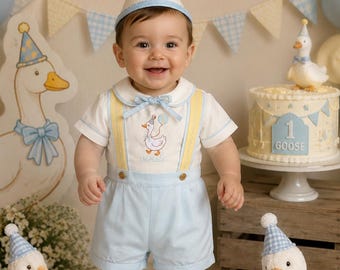 Personalisierte Dumme Gans Geburtstags-Outfit | Besticktes Gingham Straps Shorts Set