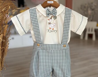 Personalisierte Dumme Gans Geburtstags-Outfit | Besticktes Gingham Straps Shorts Set