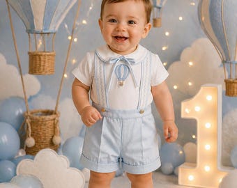 Baby Junge Heißluftballon Outfit, personalisierte ersten Geburtstag Kuchen Smash Set