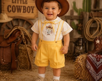 Tenue d'anniversaire Petit Cowboy – Combinaison western jaune, broderie personnalisée avec le prénom