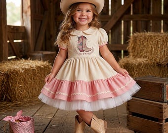 Cowgirl ersten Geburtstag Kleid, Cowboy Boot Stickerei Blumen, Tüllrock, Western-Outfit