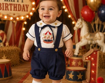 Tenue de cirque personnalisée pour bébé garçon – Ensemble de bretelles premier anniversaire brodées main en manège