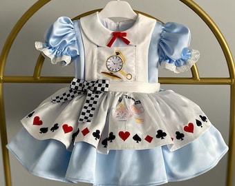 Robe d'anniversaire livre de contes bleu pour fille, tenue de tea party au pays des merveilles, robe de premier anniversaire en satin