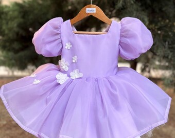 Robe brodée de papillons lavande, robe de princesse en tulle à manches bouffantes, robe de fête pour bébé fille