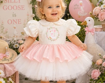 Robe premier anniversaire Silly Goose, tenue brodée pour bébé fille, jupe en tulle pastel
