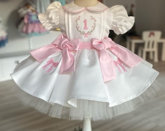 Robe rose à nœud et bonnet pour le premier anniversaire de bébé fille, tenue brodée, robe à bonnet, robe de famille pour bébé fille