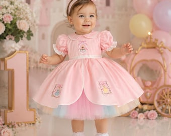 Robe d'anniversaire de princesse rose, première tenue de conte de fées, robe de soirée pour tout-petit, couches de tulle brodé