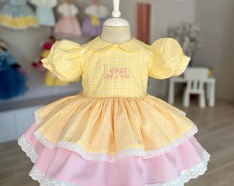 Personalisierte Baby-Mädchen Kleid, Rosa & Gelb Gingham, bestickt Outfit