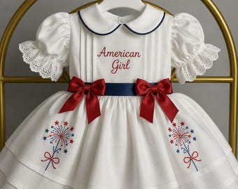 4th of Jul Baby-Kleidchen | Vaterländisches weißes Kleid mit Marineschleife | Amerikanisches Unabhängigkeitstag Outfit | Kleinkind-Party-Kleid