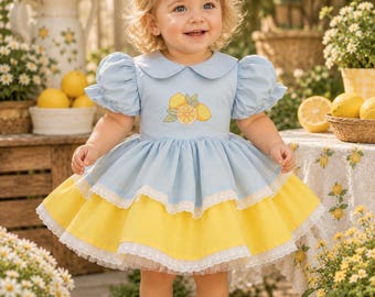 Robe d'anniversaire citron pour fille, tenue personnalisée pour le 1er anniversaire, robe bébé brodée d'agrumes, robe de fête d'été jaune et bleue