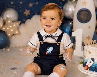 Personalisierte Rakete Sailor Strampler, Baby Jungen ersten Geburtstag Outfit, Weltraum Thema Kuchen Smash Set