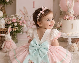 Robe d'anniversaire personnalisée lapin pour bébé fille, tenue lapin pour son 1er anniversaire, robe de fête d'anniversaire brodée rose et menthe