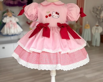 Hello Kitty Babykleid, rosa Kirschgeburtstagskleid, Kleinkind-Mädchen-Partykleid, benutzerdefiniertem Namenskleid, Hello Kitty