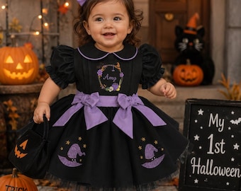 Robe d'Halloween personnalisée pour filles, tenue pour premier Halloween, robe de sorcière, robe pour la chasse aux bonbons, robe d'Halloween violette et noire pour bébé