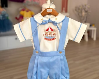 Personalisierte Baby Zirkus Outfit - Handgefertigtes Karussell gesticktes erstes Geburtstags-Hosenträger-Set