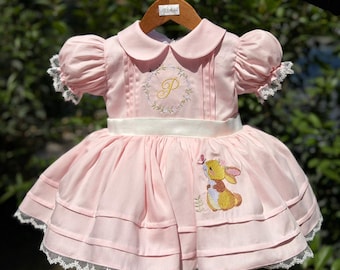 Personalisierte bestickte Hasenkleid, Vintage Rosa Kleinkind-Geburtstags-Outfit