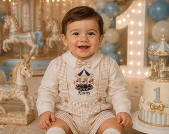 Personalisierte Karussell-Geburtstags-Outfit, Baby-erster Geburtstags-Kuchen-Smash-Set