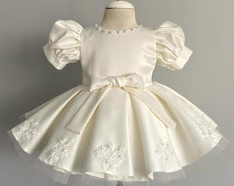 Elfenbein Spitze Applikation Babykleid, Puffärmel Satin Taufkleid, Erster Geburtstag Mädchen Outfit