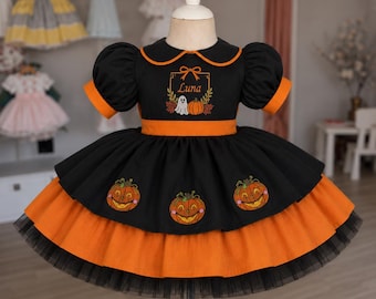 Robe d'anniversaire d'Halloween personnalisée, robe citrouille pour fille, tenue d'Halloween personnalisée avec nom, robe noire et orange pour tout-petit, tenue pour premier anniversaire