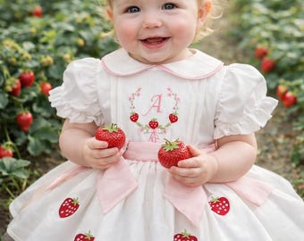 Vestido de bebé bordado con fresas hecho a mano, conjunto para el primer cumpleaños de la niña.
